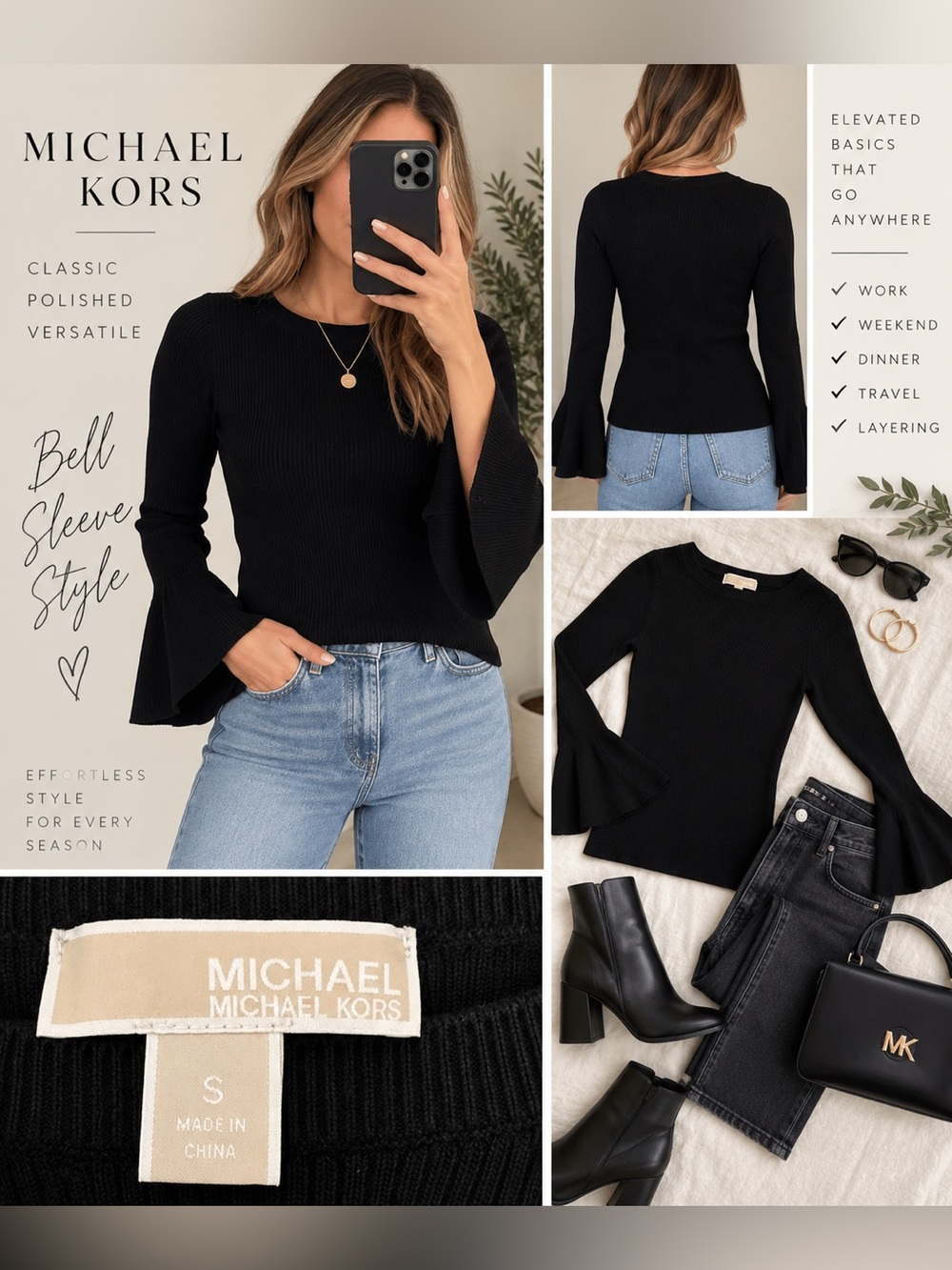 Michael Kors Black Ribbed Bell Sleeve Long Sleeve Top